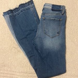 Rockin' C Women's Worn Medium Wash High Rise Double Button Block Flare Leg Jeans